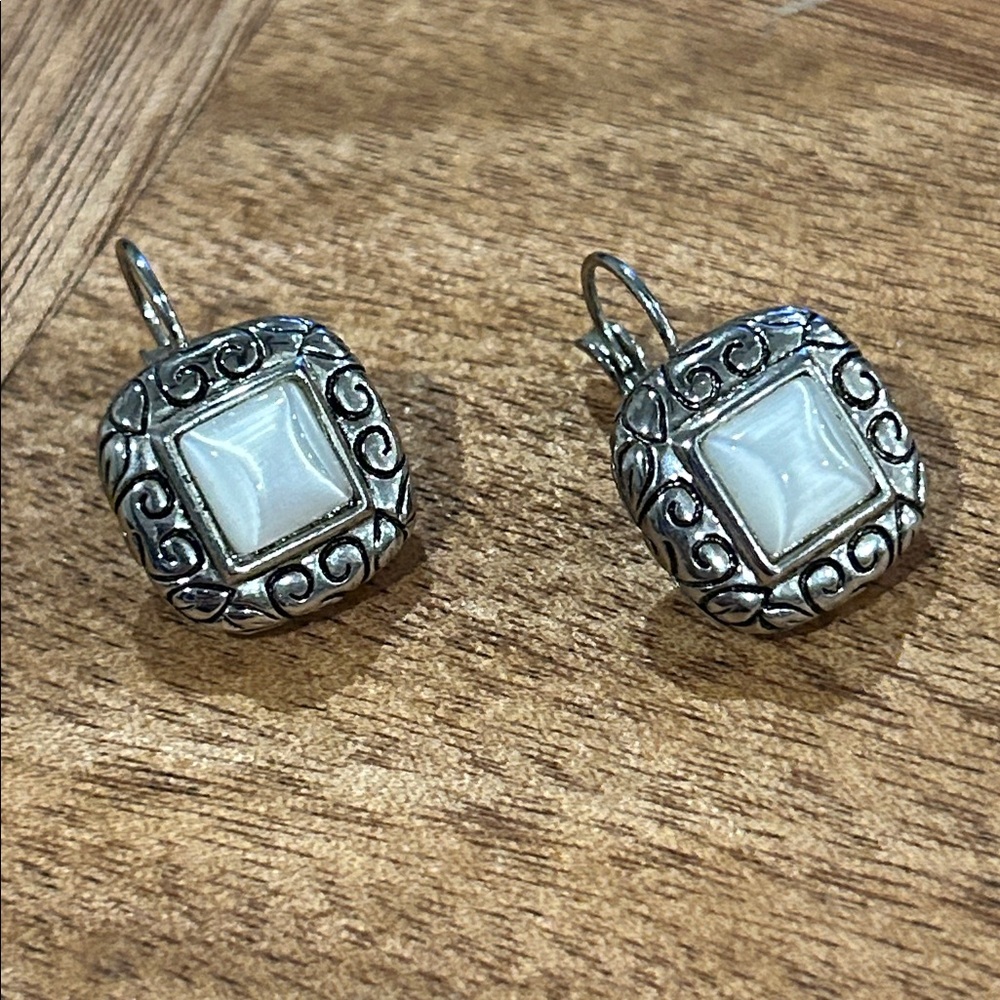 Vintage Silver and White Square Earrings GUC Faux Mother of Pearl